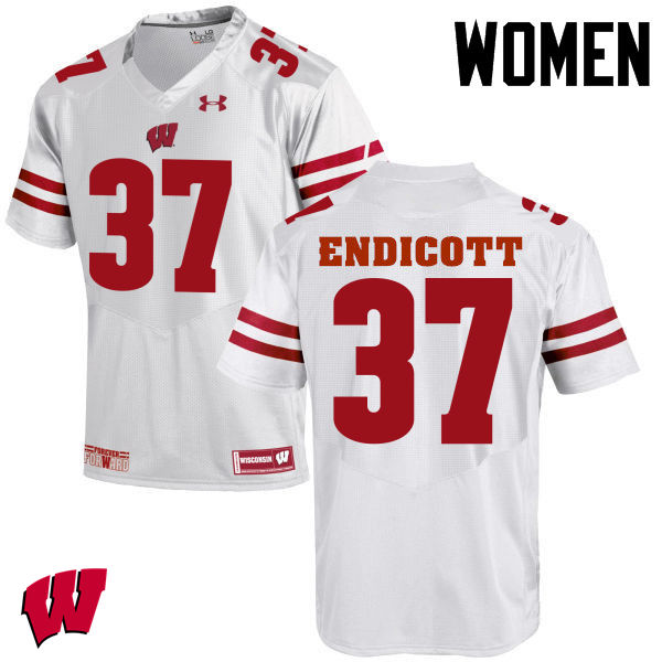 Women Wisconsin Badgers #37 Andrew Endicott College Football Jerseys-White - Click Image to Close